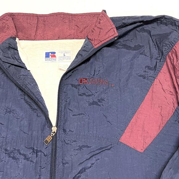 Vintage Russell Athletic Windbreaker Full Zip Jacket Navy Blue Maroon Track Sz L - Picture 2 of 10